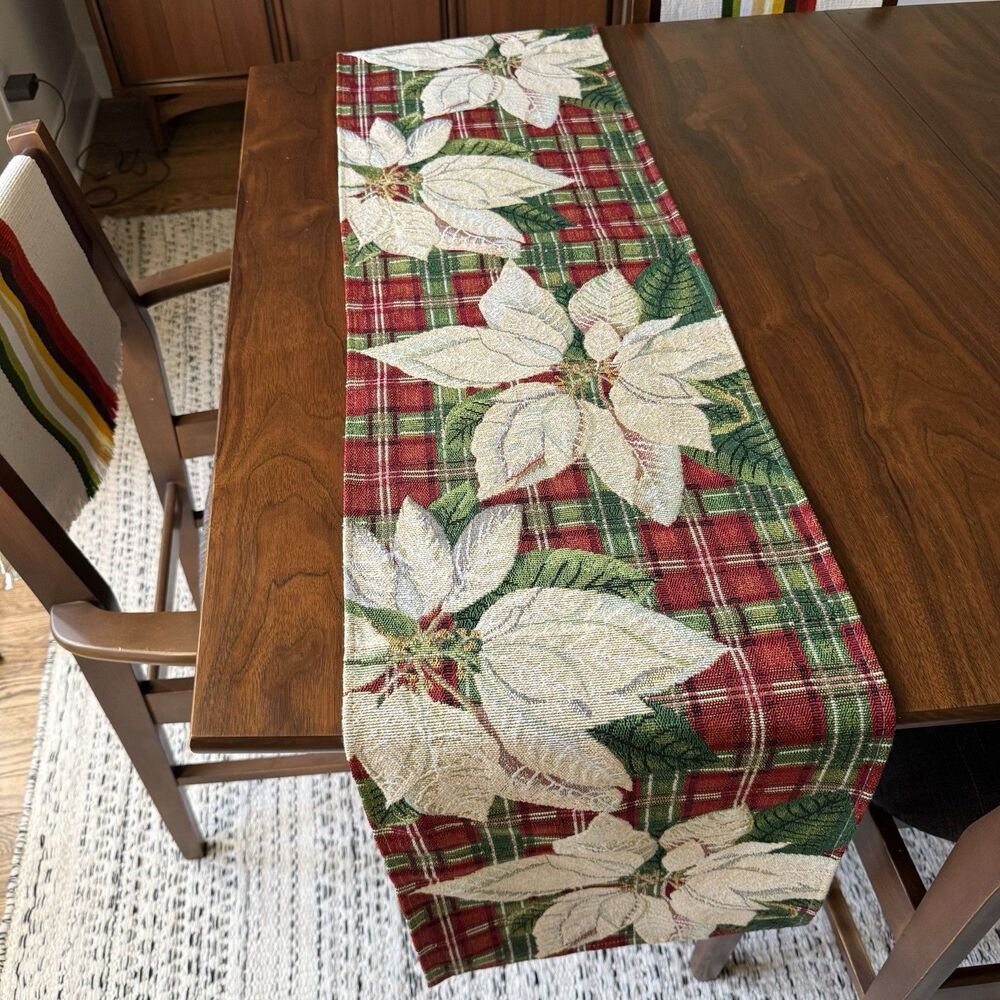 Vintage Jacquard Table Runner Plaid Poinsettia Christmas Woven Tapestry 13"x68"
